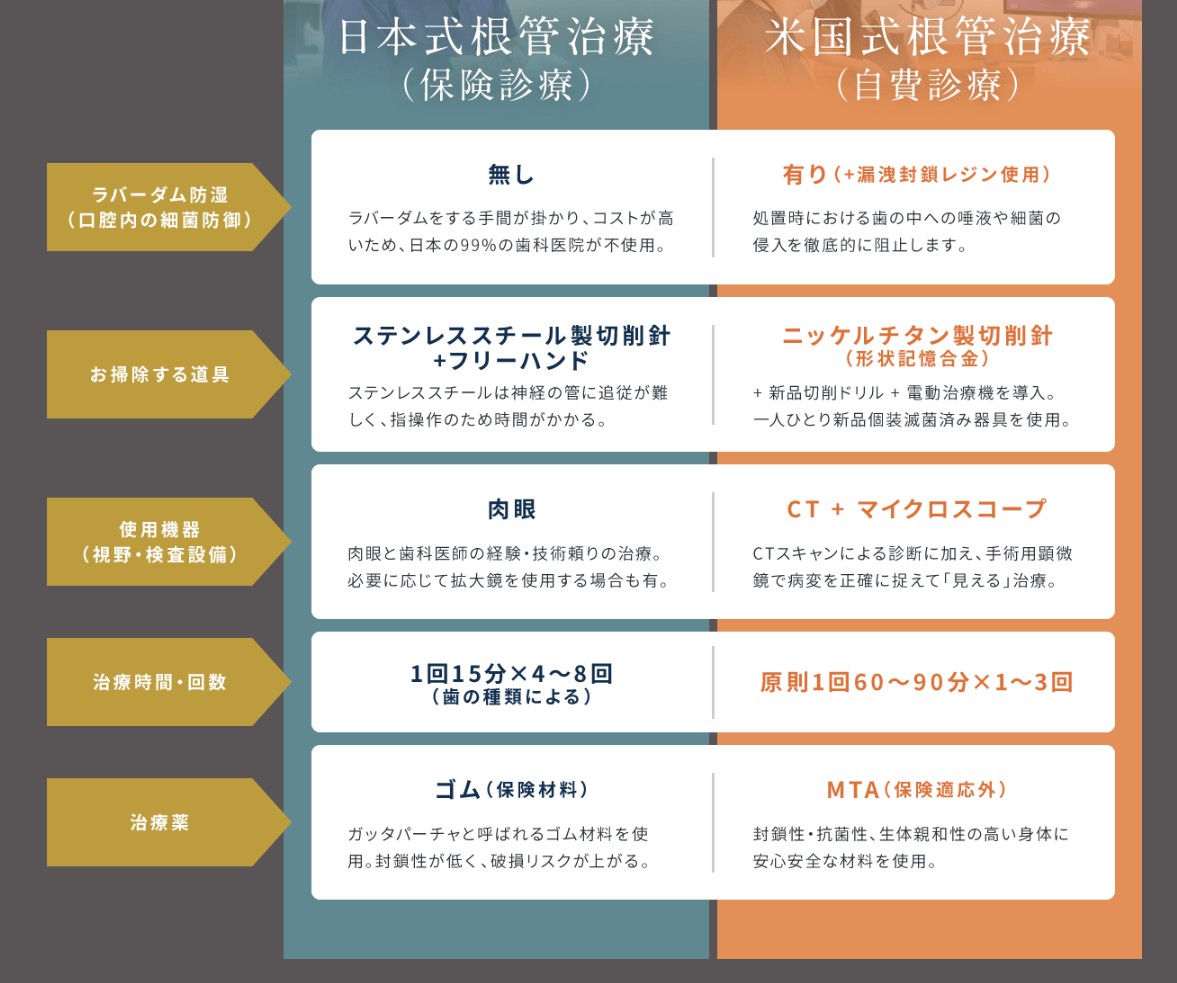 保険診療と自費の精密根管治療の比較
